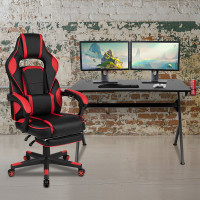 Flash Furniture BLN-X40D1904-RD-GG Black Gaming Desk with Cup Holder/Headphone Hook/2 Wire Management Holes & Red Reclining Back/Arms Gaming Chair with Footrest